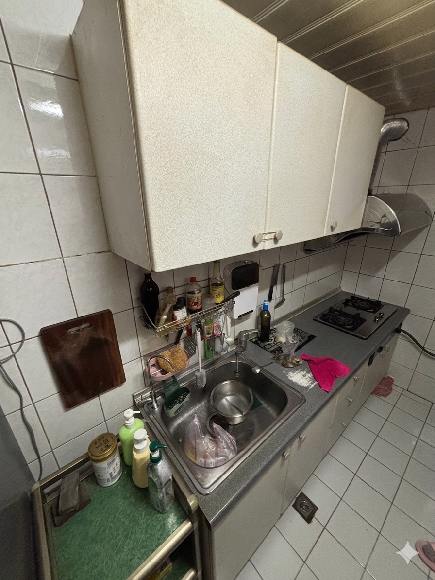 樹林國凱街 舊廚房翻新前 光線不足與邊櫃將就使用