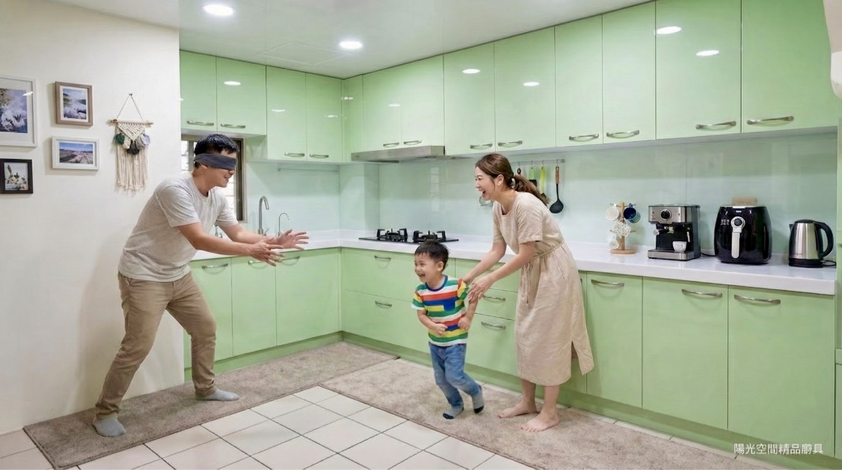 內湖 L 型廚房 薄荷綠結晶鋼烤 上下櫃配置｜陽光空間精品廚具